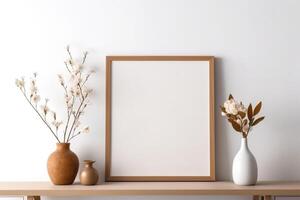 Detailed mockup frame in a white interior with wooden furniture AI Generated photo