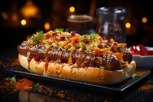 Nighttime indulgence, Bratwurst with mustard in a bun, carnival lights shimmering photo