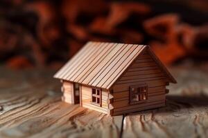 Representation of construction and ecology, Wooden house model on wood background AI Generated photo