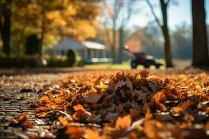 Creating a clean garden space by raking leaves and grass in autumn AI Generated photo