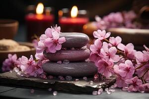 Spa massage stones surrounded by pink flowers, towels, front view, wellness backdrop photo