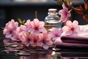 Tranquility unfolds, front view of spa stones, pink flowers, towels, wellness background AI Generated photo