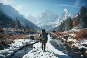 tranquilo pueblo toma el sol en el encantador belleza de el invierno montaña paisaje ai generado foto