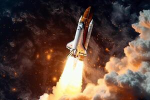 Rocket ship propels through a stellar tapestry of distant galaxies photo