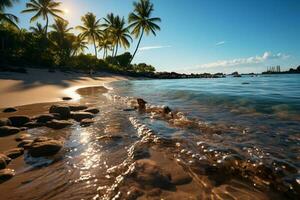 tranquilo verano retiro, tropical playa, borroso palmas, besado por el Sol espumoso aguas ai generado foto