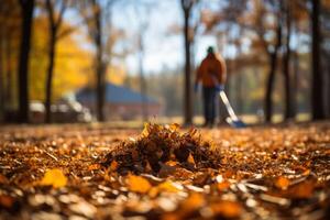 Clearing the yard of autumn foliage with a rake AI Generated photo