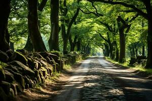 Tranquil trail embraced by a picturesque avenue of leafy trees AI Generated photo