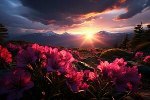 un fascinante paisaje, puesta de sol montañas adornado con vibrante rododendro flores ai generado foto