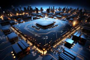 Ethereal circuitry, Blue lights illuminate the intricate computer board photo