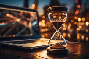 Time management concept, Hourglass on laptop computer photo