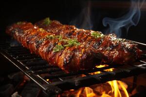 parilla deleitar, jugoso salchichas ensartado en un barbacoa tenedor, irresistible ai generado foto