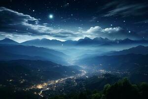 City lights shimmer beneath shooting stars in the mountainous night AI Generated photo