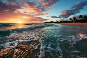 Mesmerizing Maldives beach panorama, idyllic resort landscape, sunset, and sea AI Generated photo