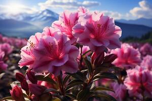 rododendro floraciones adornar el montaña campo, creando un cautivador puesta de sol paisaje ai generado foto