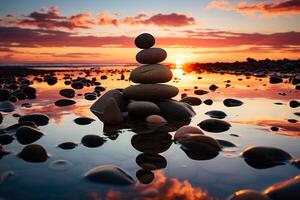 tranquilo spa ambiente, equilibrio piedras, vibrante verano cielo, playa puesta de sol ai generado foto