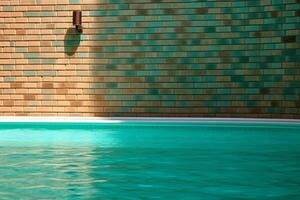 Serene swimming pool harmonizing with an elegant brick wall photo