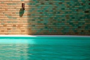 sereno nadando piscina armonizando con un elegante ladrillo pared ai generado foto