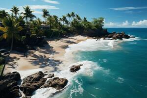 parte superior ver revela un maravilloso playa escena, Perfecto para un relajante vacaciones ai generado foto