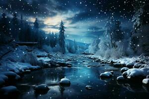 A night of swirling snow creates an enchanting winter landscape AI Generated photo