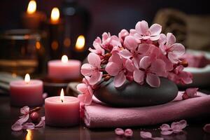 Spa massage stones surrounded by pink flowers, towels, front view, wellness backdrop photo