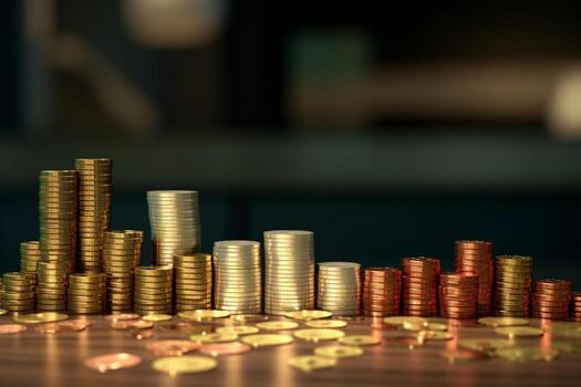 bancario sistema visualizado, monedas apilar en porcentaje modelo representando conceptos ai generado foto