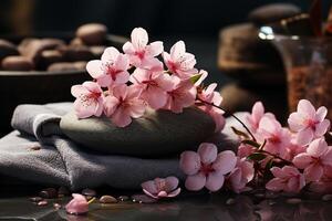 A front view of tranquil wellness ambiance, spa stones, pink flowers, towels AI Generated photo