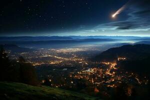 Noche magia, meteoros atravesar el cielo en medio de montañas y urbano luces ai generado foto