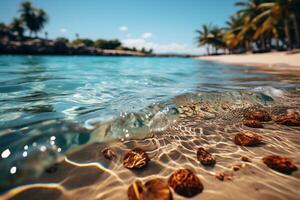 Perfect vacation backdrop, sunny beach, hazy palm leaves, glistening water highlights AI Generated photo