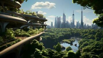Urban Serenity. Captivating Photograph of Future Smart City Amidst the Forest photo