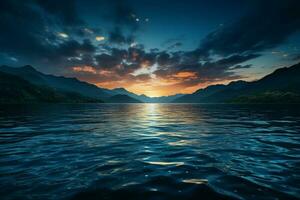 The lake's stillness is amplified against a dark, infinite blue horizon AI Generated photo