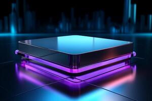 Striking modern podium with captivating blue and purple lighting for showcasing products photo
