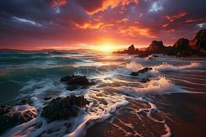 un cautivador vista, un ardiente puesta de sol transforma el mar paisaje dentro magia ai generado foto