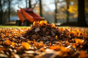 ordenar el jardín por rastrillar hojas y césped en otoño ai generado foto