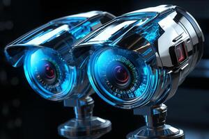 Glowing guardians, White glossy security cameras with hologram details, wide banner photo
