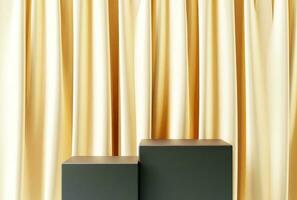 Podium with gold curtain background for display product. Product presentation, Branding, Stage showcase and more. 3d rendering photo