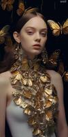 Generative AI Beautiful young woman with golden butterfly make-up. Fashion art photo