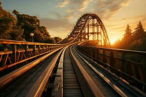 The setting sun casts a captivating shadow on the roller coaster's silhouette AI Generated photo