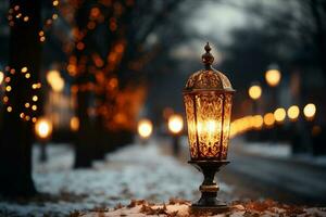 Magical outdoor lighting on an electric post, creating a blurred festive atmosphere AI Generated photo