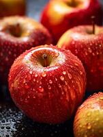 Generative AI Fresh red apples with water drops on black background. Shallow dof. photo