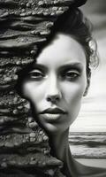 Generative AI black and white portrait of a beautiful woman in the sand on the beach photo