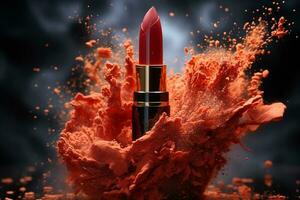 Bold explosion of red dust surrounding a designer lipstick, impactful background AI Generated photo