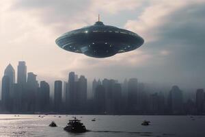 Alien intrusion, Extraterrestrial vessel descends upon coastal urban center AI Generated photo