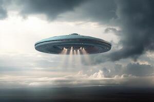 Ethereal presence, UFO saucer hovers against cloudy backdrop, above Earth AI Generated photo