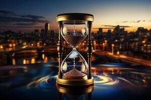 City life concept depicted by hourglass with morning cityscape background photo