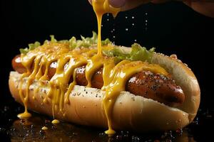 Mustard delight, Close-up of an adult hand holding a mustard-covered hot dog AI Generated photo