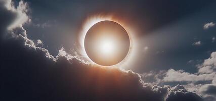 Celestial spectacle, Solar eclipse veiled by ethereal clouds and sun flare photo