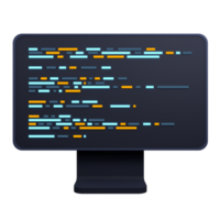 Computer programming or developing software. 3d rendering of flat monitor. Coding 3d render. 3d computer monitor. 3d render illustration png