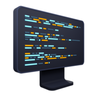 Computer programming or developing software. 3d rendering of flat monitor. Coding 3d render. 3d computer monitor. 3d render illustration png