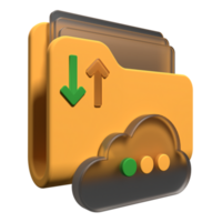 Cloud storage 3d illustration. File transfer concept. Cloud download and upload icon. Digital file organization service or app with data transferring. 3d render illustration png