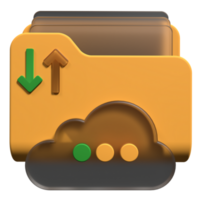 Cloud storage 3d illustration. File transfer concept. Cloud download and upload icon. Digital file organization service or app with data transferring. 3d render illustration png